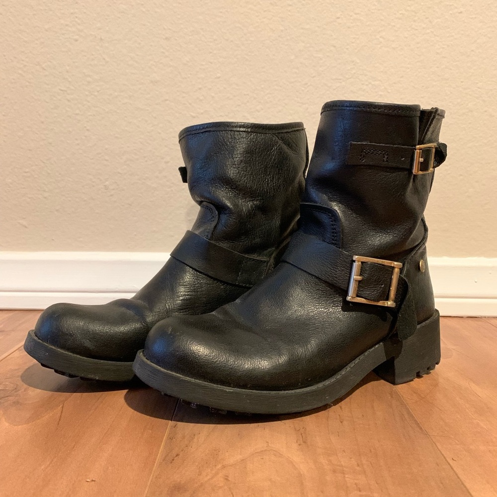 Black leather combat boots